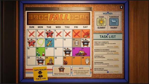 Screenshot from Retro Rewind - Video Store Simulator showing a colorful in-game calendar with tasks, events, and a weather forecast.