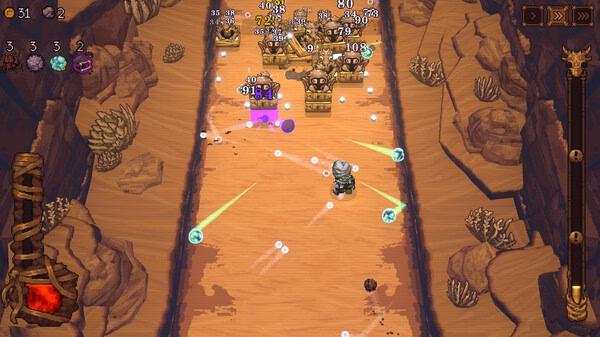 Screenshot from BALL x PIT game showing a character battling stone creatures in a desert canyon setting.