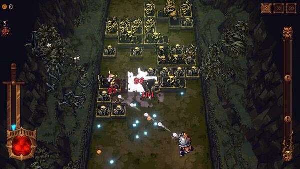 Screenshot from BALL x PIT showing a knight character battling skeleton warriors in a dark, dungeon-like environment.