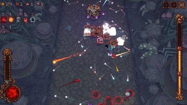 BALL x PIT screenshot: A chaotic battlefield with projectiles flying, enemies attacking, and player stats visible on the screen.