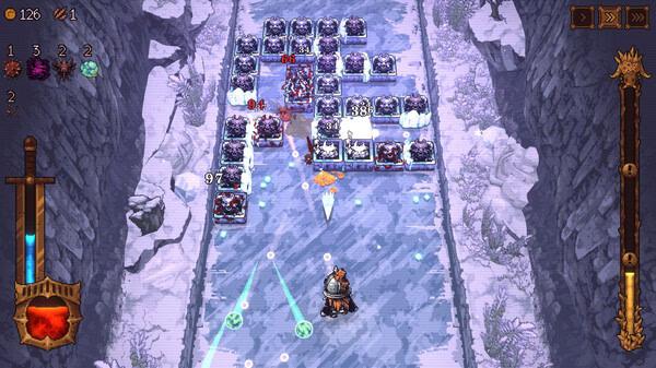 Screenshot from BALL x PIT showing a character firing projectiles at incoming crates, with health and score indicators visible.
