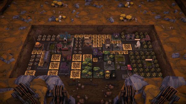 Screenshot from BALL x PIT showing a strategic overhead view of a fortified settlement with buildings, trees, and paths.