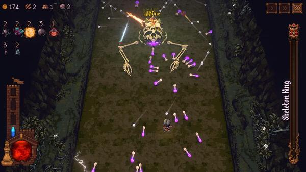 BALL x PIT screenshot: A player battles the Skeleton King on a dark path, dodging purple projectiles and a fiery attack.