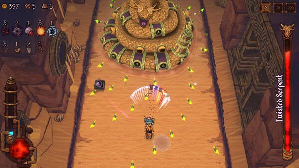 BALL x PIT screenshot: Player battles a giant serpent boss surrounded by glowing projectiles in a canyon-like arena.