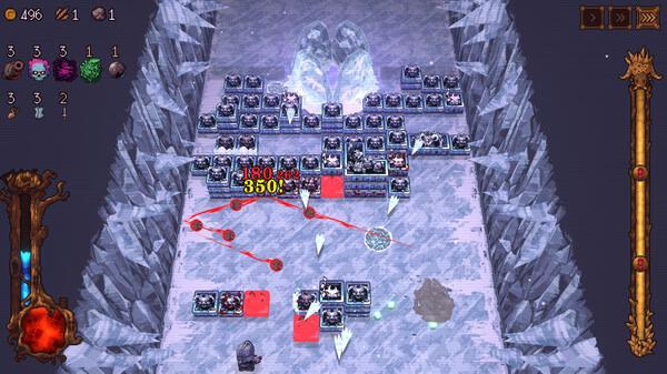 Screenshot from BALL x PIT showing a strategic layout with ice-themed barriers, treasure chests, and red damage indicators.