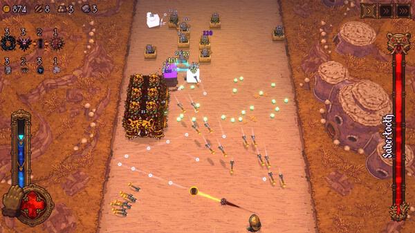 Screenshot from BALL x PIT showing a character battling enemies with projectiles in a desert-themed area.