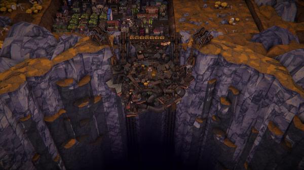 BALL x PIT screenshot: A rocky landscape with a pit filled with debris and machinery near a city in the background.