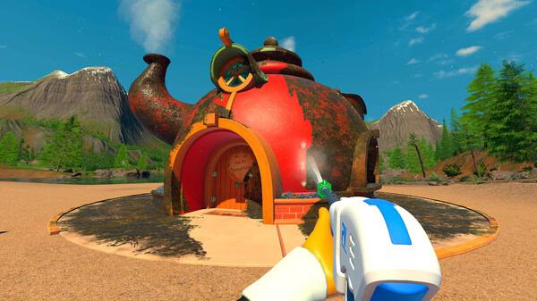 PowerWash Simulator 2 screenshot: A player uses a power washer on a large, dirty teapot-shaped building outdoors.