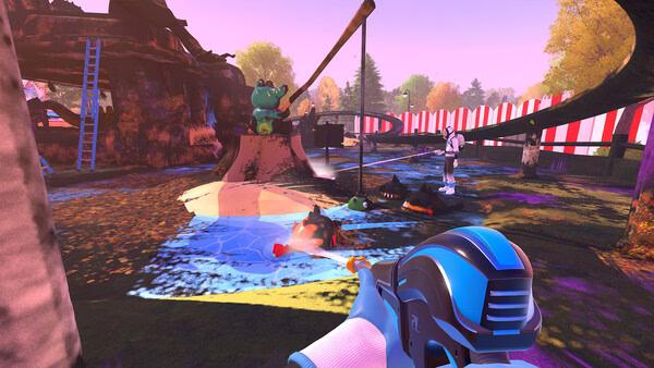 Screenshot from PowerWash Simulator 2 showing a player cleaning a colorful playground with a water jet, surrounded by trees.