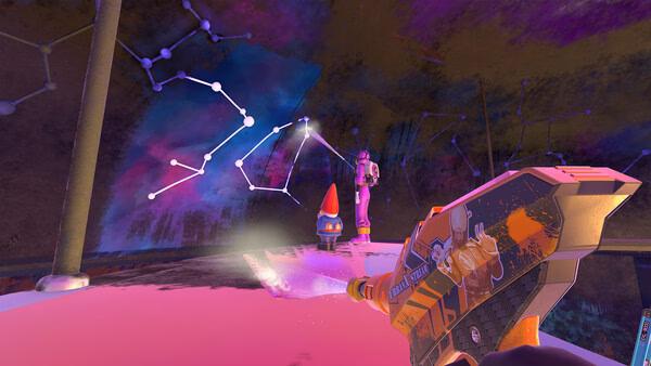 Screenshot from PowerWash Simulator 2 shows a player cleaning a colorful surface with a gnome and statue under a starry sky.