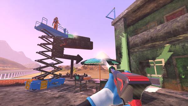 A PowerWash Simulator 2 screenshot showing a player cleaning grime off a building using a power washer, with a lift in view.