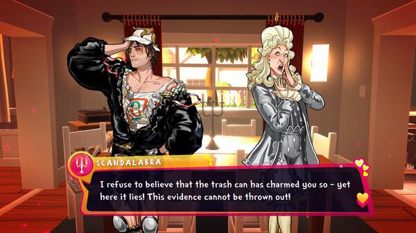 Screenshot from 'Date Everything!' showing two characters, Scandalabra and another, in dialogue inside a brightly lit room.