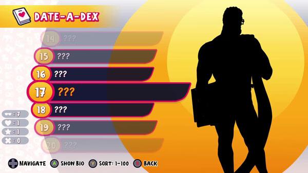Screenshot from 'Date Everything!' showing a character selection menu with a shadowed figure holding a surfboard.