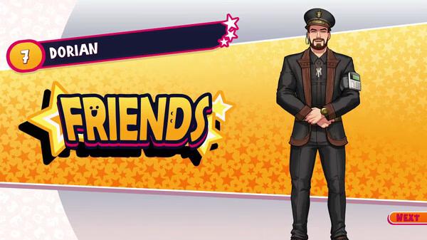 Date Everything! screenshot: Dorian, a character in a police uniform, is highlighted on the "Friends" screen with a bright orange background.