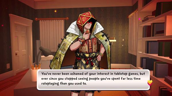 Screenshot from 'Date Everything!' shows a character in a quirky outfit, standing in a cozy room, with dialogue about tabletop games.