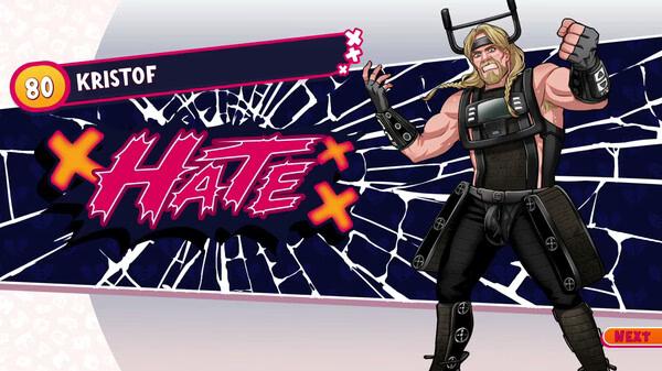 Screenshot of Date Everything! showing Kristof, a muscular character with a dislike meter reading 'HATE.'