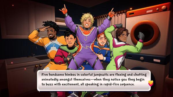 Screenshot from "Date Everything!" showing five characters in colorful jumpsuits posing energetically in a kitchen.