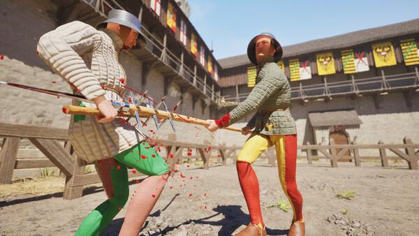 Screenshot from Half Sword showing two armored characters in combat, wielding weapons in a medieval courtyard setting.