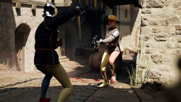 Screenshot from Half Sword showing two armored knights engaged in a sword fight on a cobblestone street.