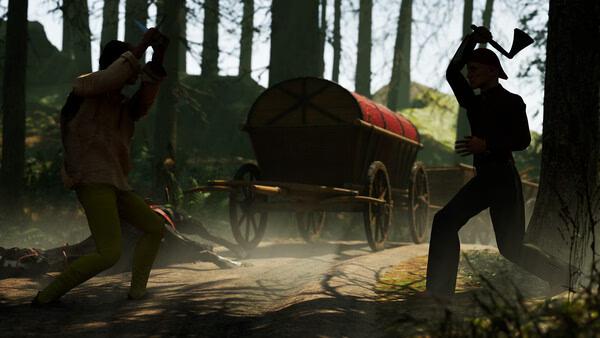 Screenshot from Half Sword showing two characters wielding axes in a forest near a wagon.