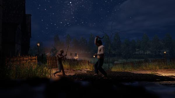 Screenshot from Half Sword: Two characters engage in a nighttime duel on a dirt path, surrounded by trees and rustic fences under a starry sky.