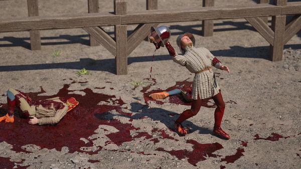 A Half Sword screenshot showing a medieval fighter pouring blood from a helmet, with another figure lying injured on the ground nearby.