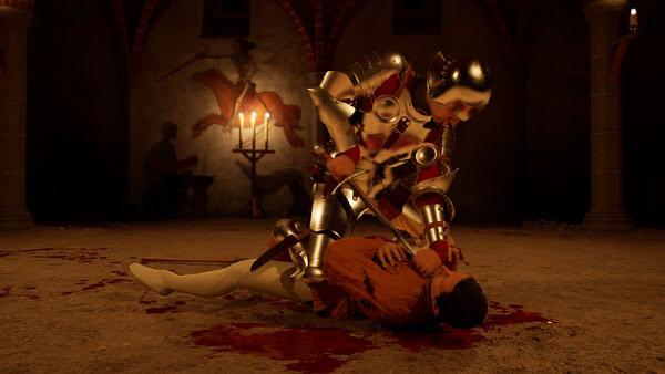A screenshot from Half Sword showing a knight in armor pinning down an opponent on a bloodied medieval battleground.