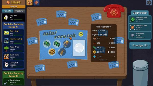 Scritchy Scratchy screenshot: A game table with scratch cards, upgrades menu, red phone, and visible game stats on display.