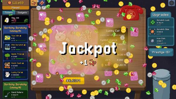 Screenshot of Scritchy Scratchy showing a jackpot win with coins and confetti flying around a scratch card on a wooden table.