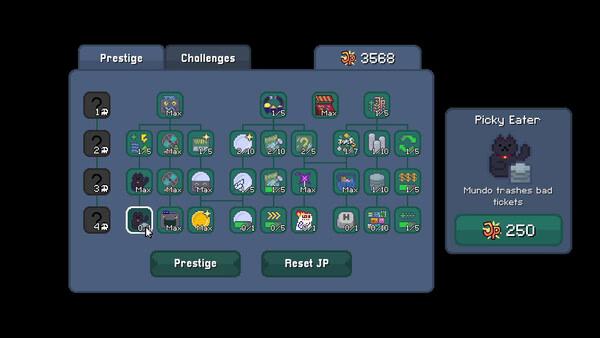 Scritchy Scratchy screenshot: Prestige menu with various unlockable upgrades and a Picky Eater perk costing 250 points displayed.