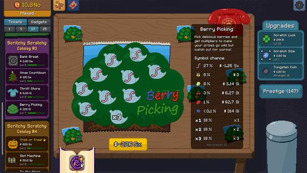 Screenshot from Scritchy Scratchy showing a game board with a tree and hidden symbols for a berry picking challenge.
