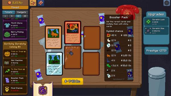 Screenshot of Scritchy Scratchy showing cards on a table, upgrade options on the side, and currency details at the top.