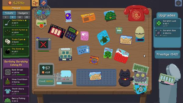 A screenshot from Scritchy Scratchy shows a cluttered desk with various colorful items, gadgets, and upgrade options.