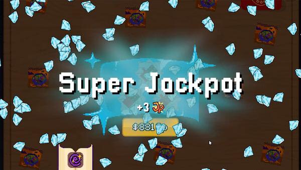 Scritchy Scratchy screenshot: A "Super Jackpot" message with glowing effects, diamonds, and a prize of $8881 fills the screen.