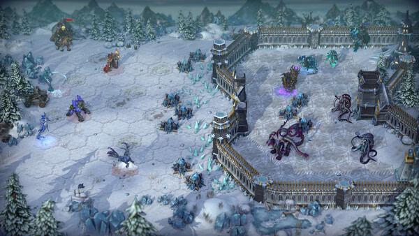 Heroes of Might and Magic: Olden Era screenshot shows a snowy battlefield with mythical creatures near a fortified castle.