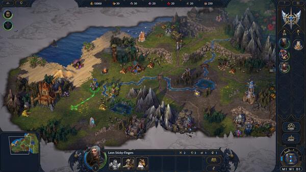 Screenshot of Heroes of Might and Magic: Olden Era showing a detailed overworld map with forests, mountains, and character icons.