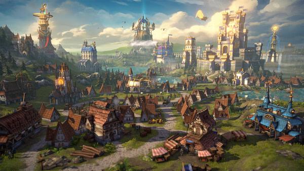 Screenshot from Heroes of Might and Magic: Olden Era showing a vibrant medieval town with castles and lush landscapes.