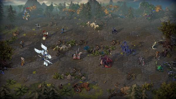 Screenshot of Heroes of Might and Magic: Olden Era showing a battlefield with mythical creatures and warriors on hexagonal tiles.