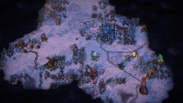 Screenshot of Heroes of Might and Magic: Olden Era showing a snowy landscape with buildings, paths, and various structures.