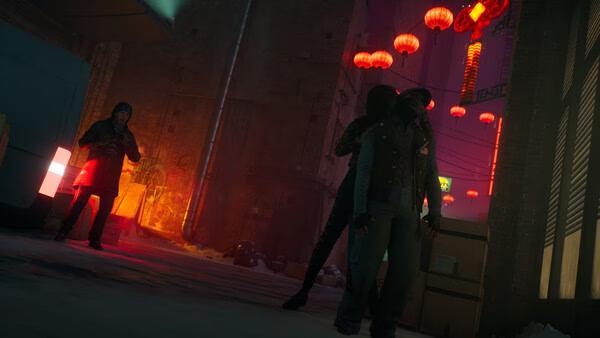Screenshot from Vampire: The Masquerade - Bloodlines 2 showing characters in a dimly lit alley with red lanterns overhead.