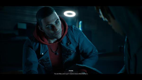 Vampire: The Masquerade - Bloodlines 2 screenshot of two characters in dialogue inside a dimly lit room.