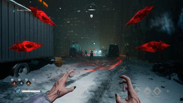 Screenshot from Vampire: The Masquerade - Bloodlines 2 showing a character with raised hands facing enemies in a snowy alley.