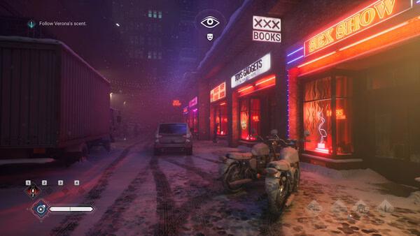 Screenshot from Vampire: The Masquerade - Bloodlines 2 shows a snowy city street with neon signs and parked motorcycles.