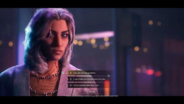 A screenshot from Vampire: The Masquerade - Bloodlines 2 showing a character with dialogue options in a dimly lit urban setting.