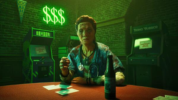 Screenshot from Vampire: The Masquerade - Bloodlines 2 showing a character seated at a table with arcade machines in the background.