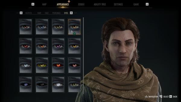 Screenshot from Vampire: The Masquerade - Bloodlines 2 showing a character customization menu focused on eye selection.