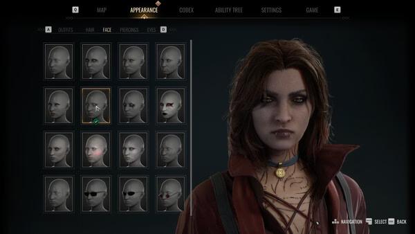 Screenshot from Vampire: The Masquerade - Bloodlines 2 showing the character customization menu focused on face selection.