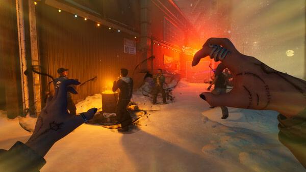 Screenshot from Vampire: The Masquerade - Bloodlines 2 showing a player's hands with claws ready to attack a group in a snowy alley.