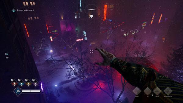 Screenshot from Vampire: The Masquerade - Bloodlines 2 showing a player's extended arm overlooking a vibrant, neon-lit cityscape at night.