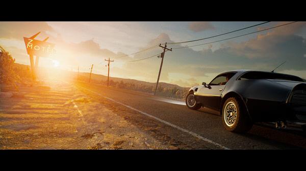 Screenshot from Drive Beyond Horizons: A sleek black car speeds down a sunlit desert highway near a motel sign.